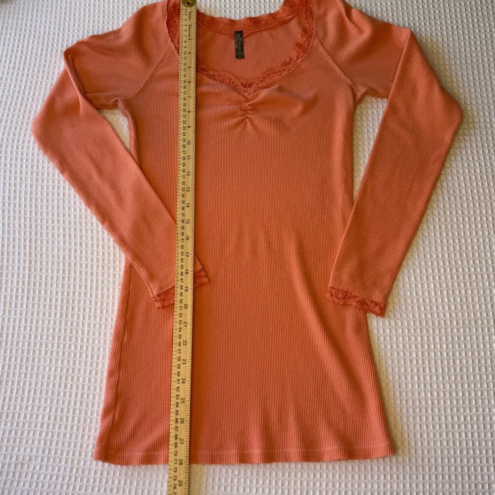 Free People Coral Orange Waffle Knit Lace Trim Thermal Top Sweetheart Neck S